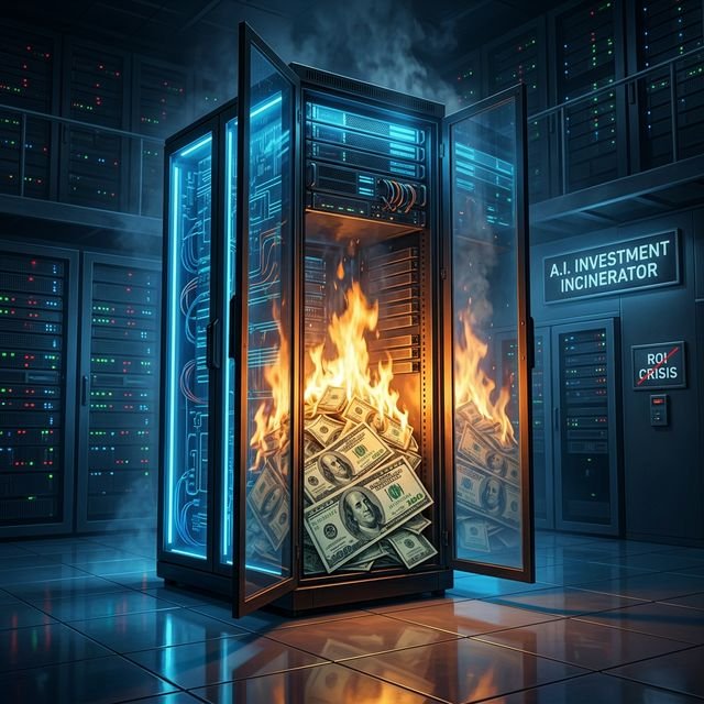 Futuristic AI server incinerating massive piles of US 100 dollar bills